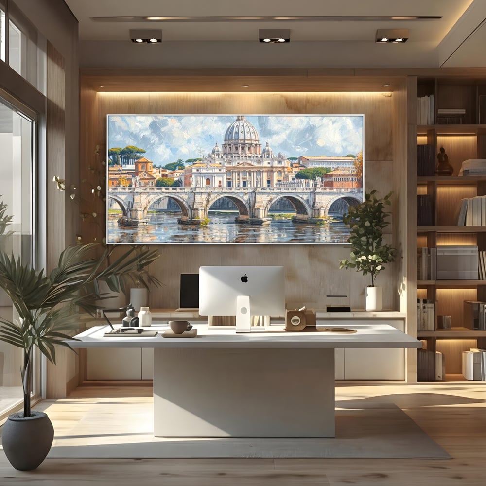 Tablou canvas cu tablou canvas cu podul si cupola vaticanului, in rama de aluminiu argintiu, pe perete intr-un birou